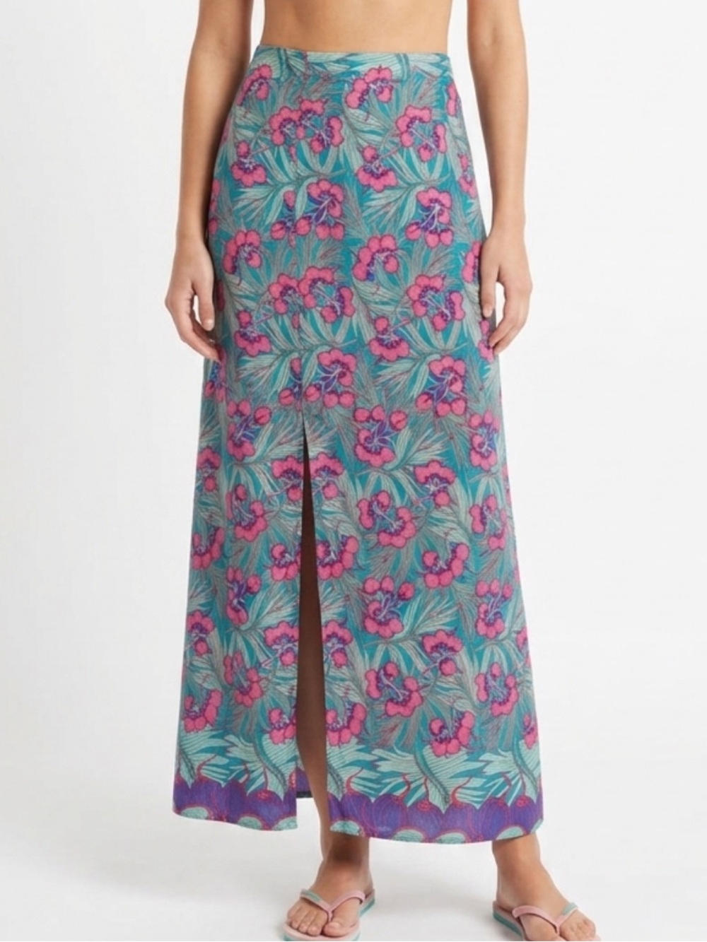 Rainbow Jo Maui Hawaiian Floral Maxi Skirt Size Small Front Slit Rayon A-Line
